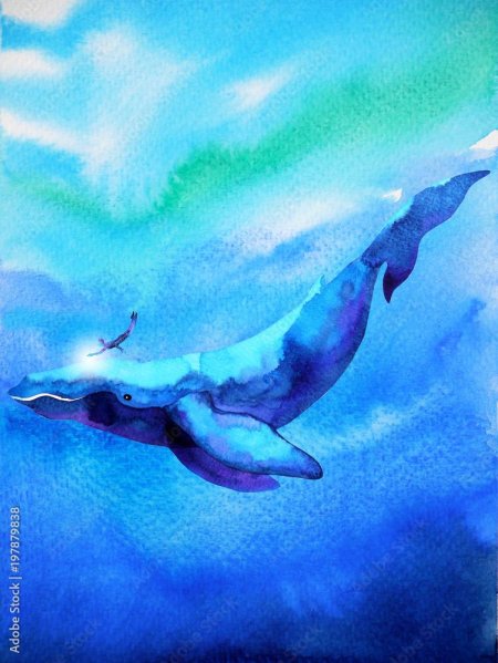 Море кит акварель