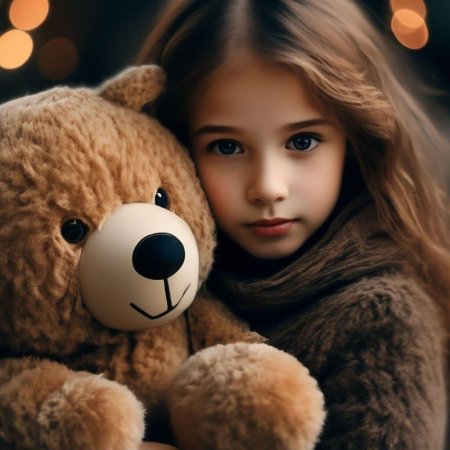 Девочка обнимает мишку