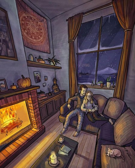 Уютная комната с камином арт