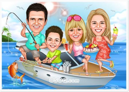 Шарж в лодке семейный