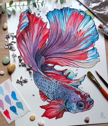 Рыбка цветными карандашами