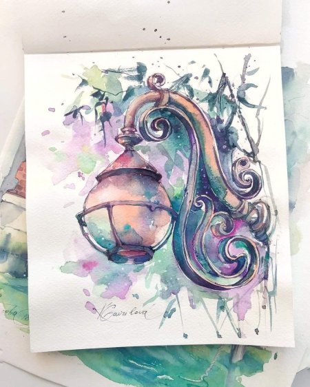 Уличный фонарь акварелью