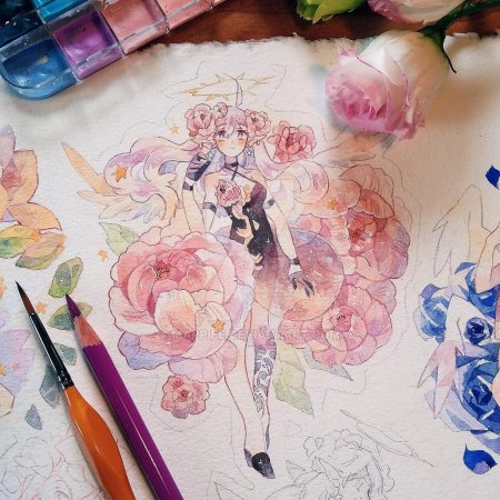 Аниме акварельными карандашами