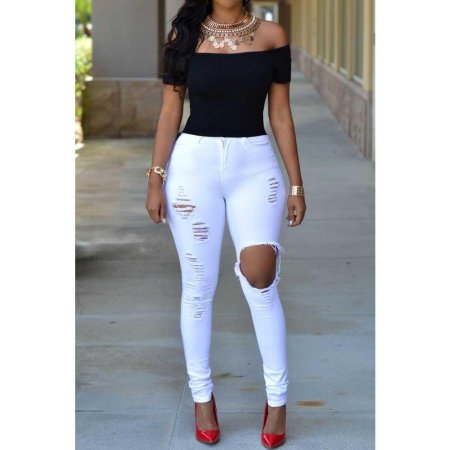 Белые рваные джинсы женские