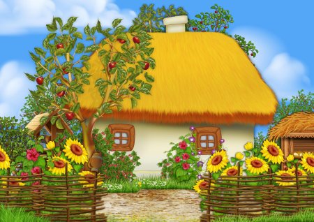 Украинская хата мазанка подсолнухи