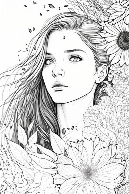 Портрет девушки с цветами раскраска