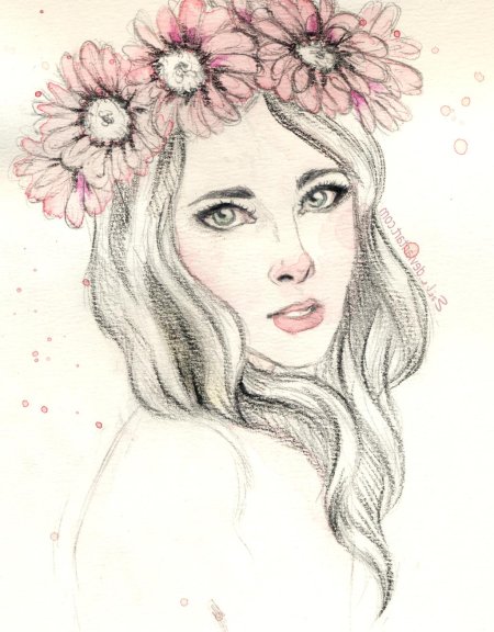 Портрет девушки с цветами карандашом