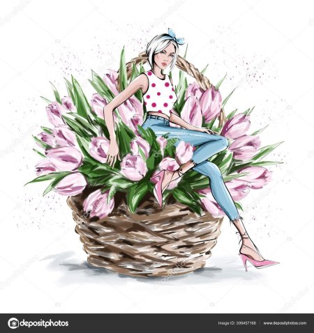 Иллюстрация девушка с тюльпанами