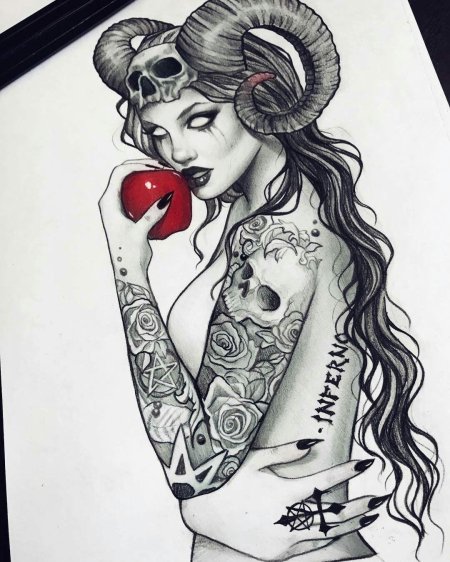 Эскиз тату девушка демон