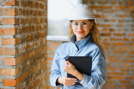 Девушка в каске строителя