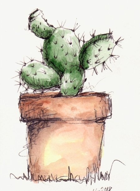 Кактус в горшке акварелью