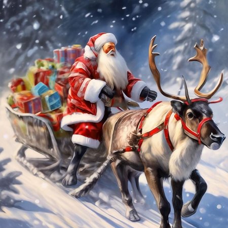 Дед мороз с санями и оленями