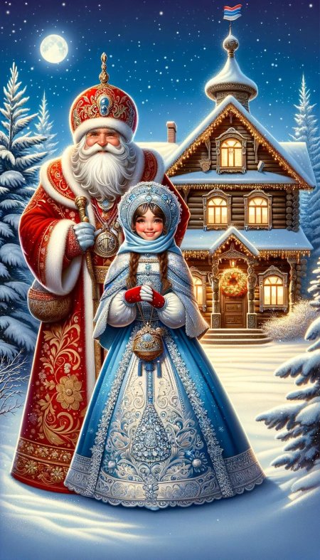 Новогодняя картина дед мороз и снегурочка