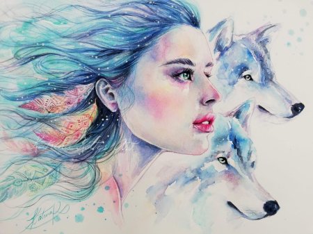 Девушка и волк акварель