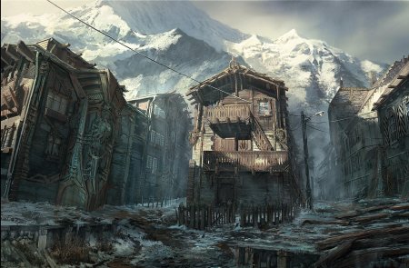 Полуразрушенная деревня фэнтези арт