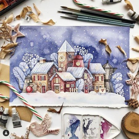 Новогодние открытки акварель