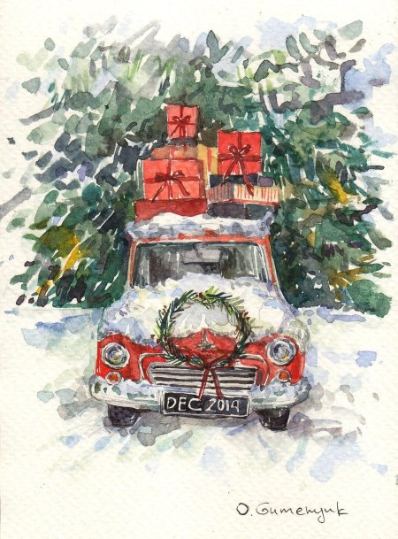 Новогодняя машинка акварель