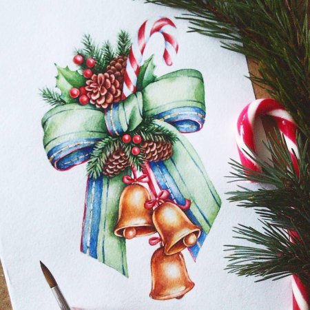 Новогодние колокольчики акварелью