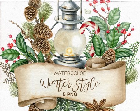 Новый год фонарик акварель вектор