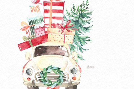Новогодняя машина акварель