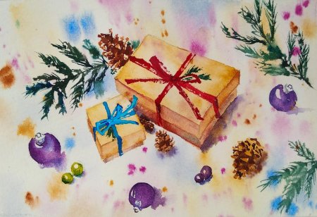 Акварельные открытки на новый год