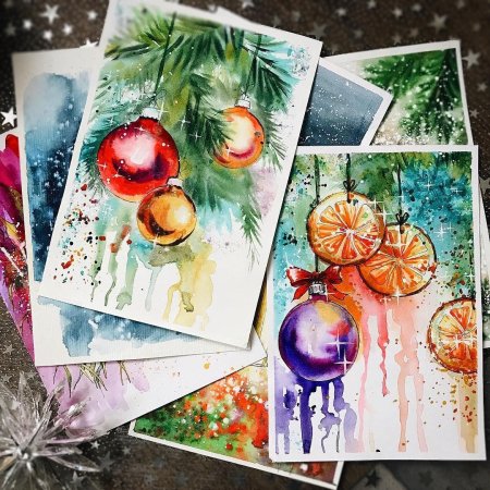 Новогодние открытки акварель