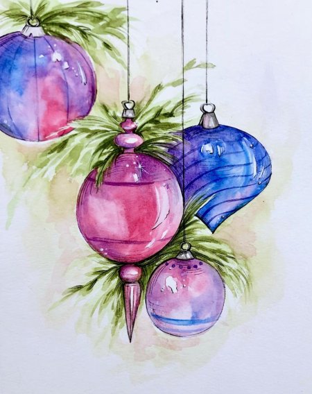 Рисунки акварелью новогодние
