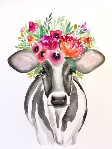 Корова акварелью
