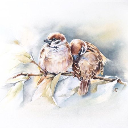 Воробей акварелью