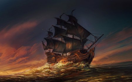 Галеон корабль черная жемчужина арт в море