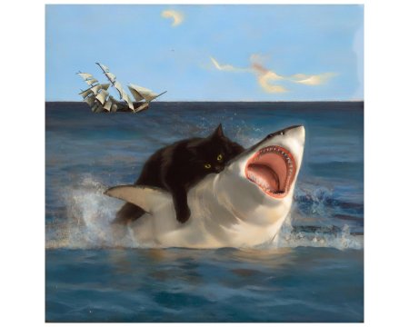Кот кусает акулу картина