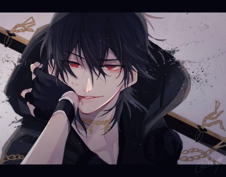 Парень с чёрными волосами и красными глазами
