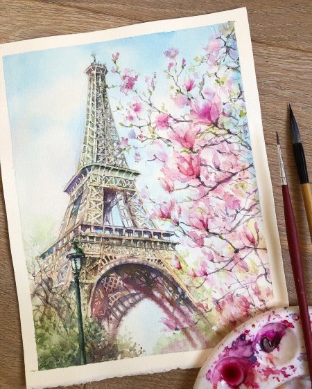 Париж эйфелева башня акварель