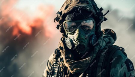 Солдат в противогазе