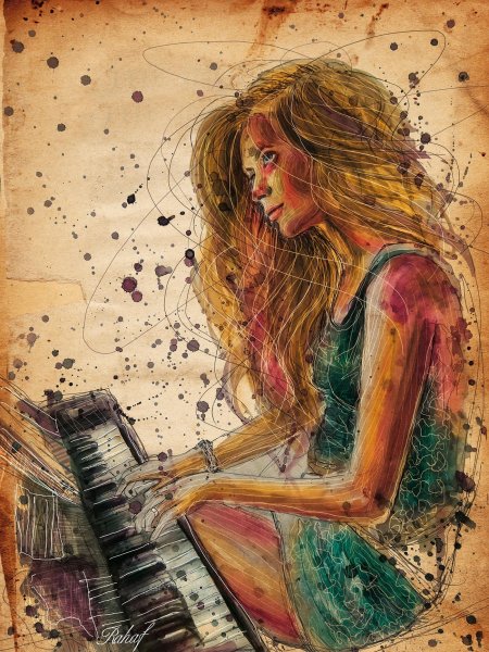 Живопись девушка за пианино