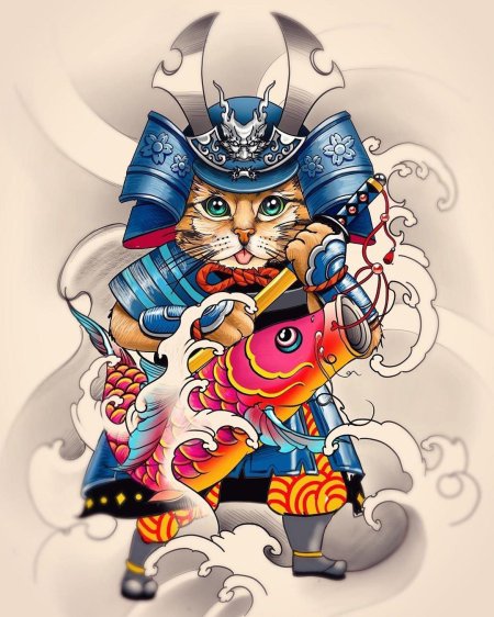 Кот самурай тату