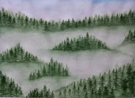 Лес в тумане акварель