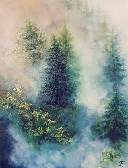 Лес в тумане живопись