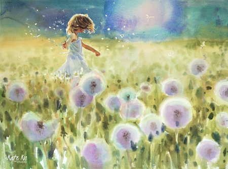 Одуванчиковое поле акварелью