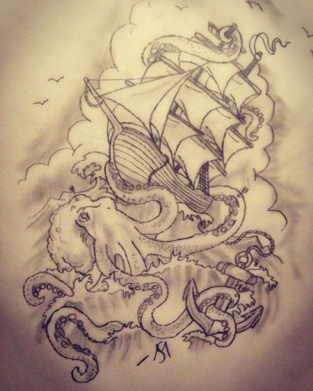 Кракен тату эскиз с кораблем