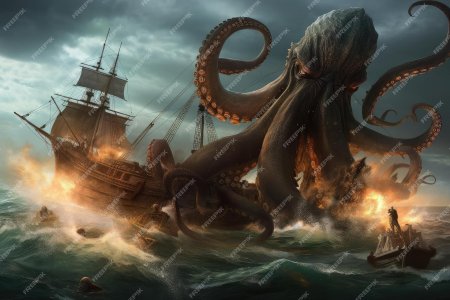 Гигантский осьминог кракен. морское чудовище.
