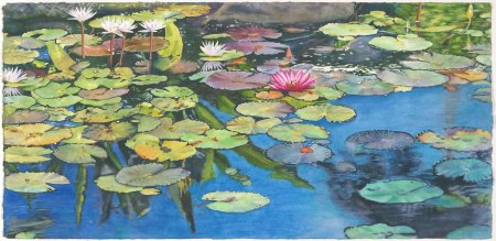 Пруд кувшинки акварель