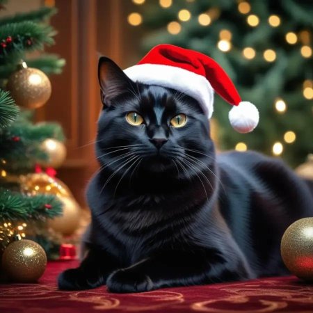 Черный кот в новогодней шапке