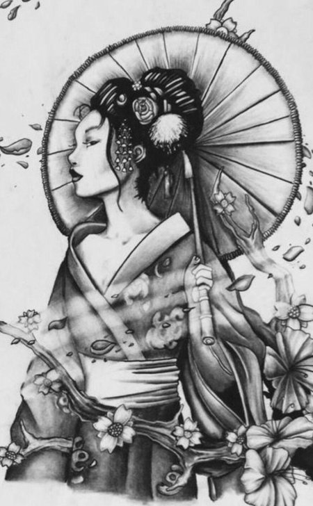 Эскиз тату японская гейша самурай