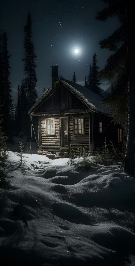 Домик в ночном зимнем лесу