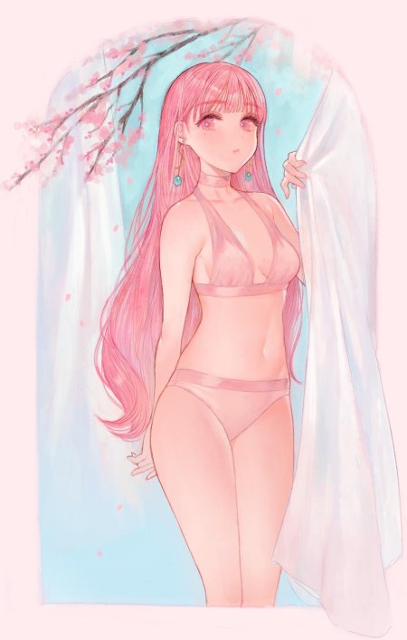 Аниме девушка с розовыми волосами в купальнике