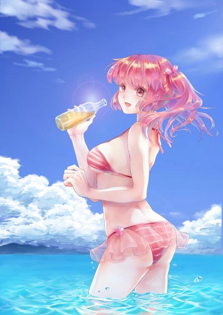 Аниме девушка с розовыми волосами в купальнике