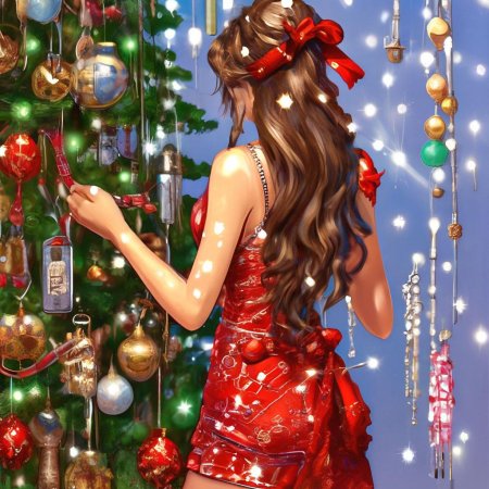 Девушка наряжает елку