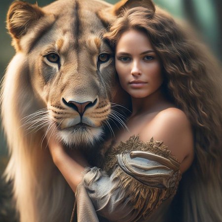 Девушка обнимает льва