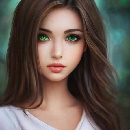 Девушка с каштановыми волосами и зелеными глазами